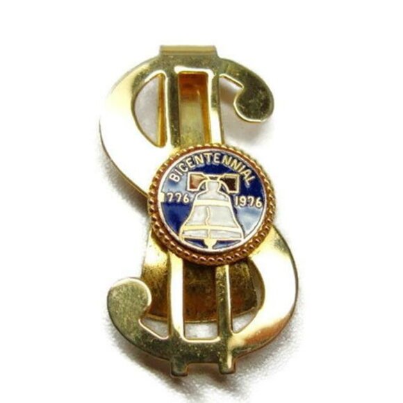 Money Clip Dollar Sign Bicentennial Gold T Wallet Credit Card Cash Holder Used - Picture 2 of 6